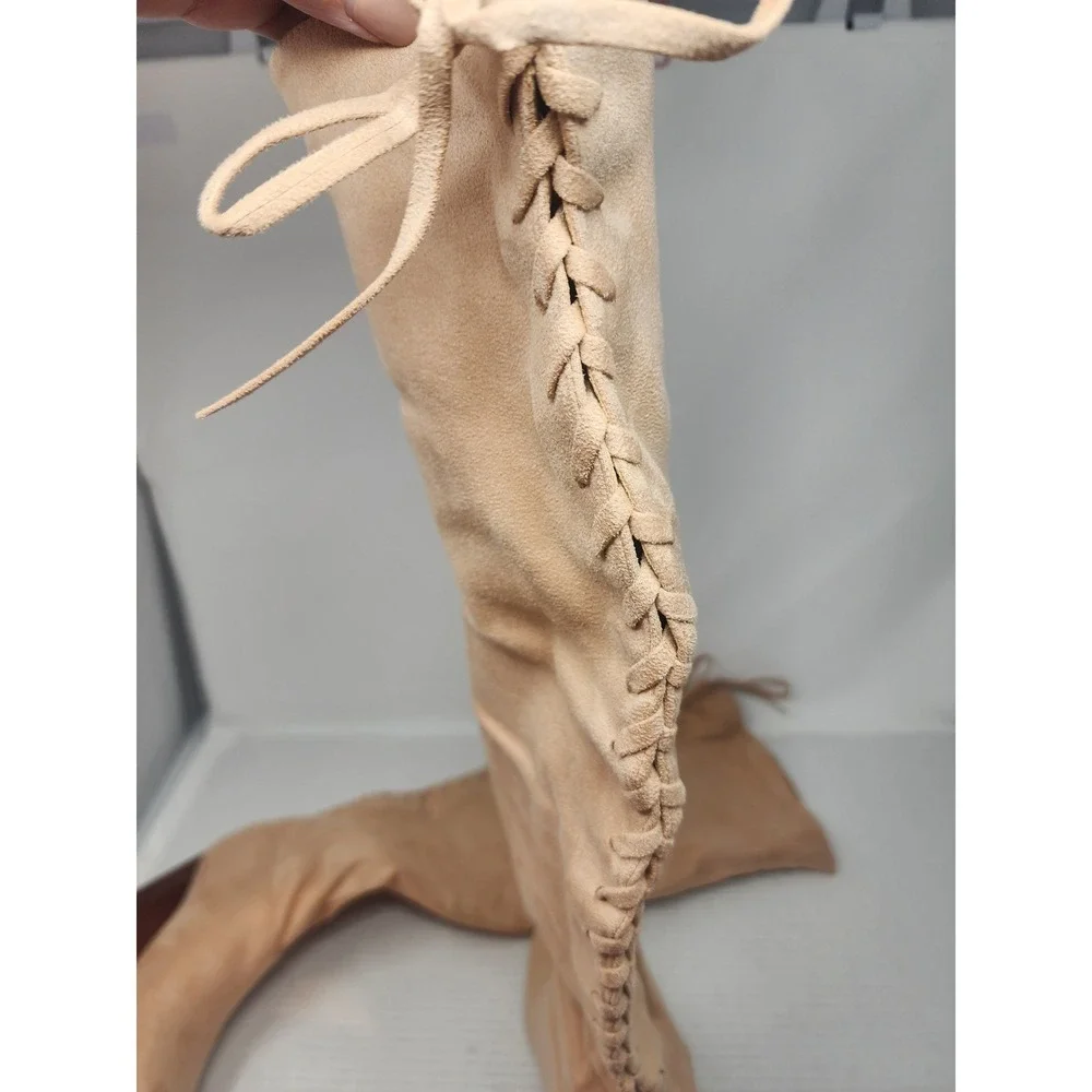 Womens Tan Faux Suede Thigh High Lace Up Back Block Heel Boots Size‎ 7.5 NEW